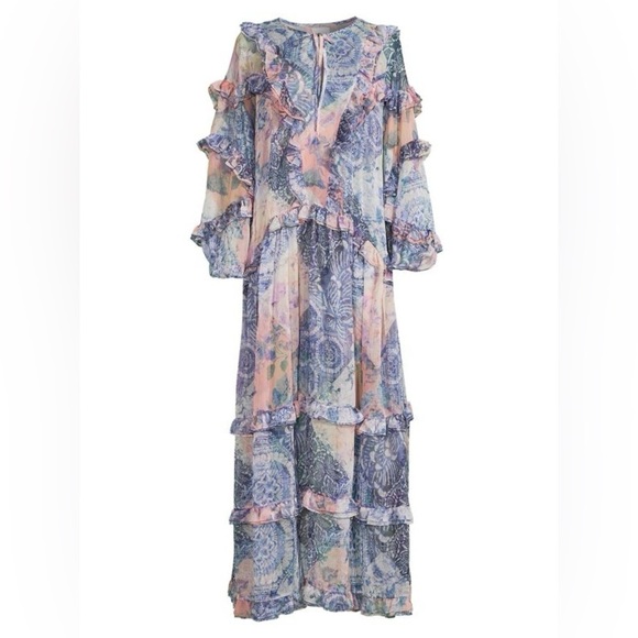 New!Misa Los Angeles Persephone Ruffle Maxi Dress Abstract Floral 🩵Medium NWT! - Picture 7 of 16
